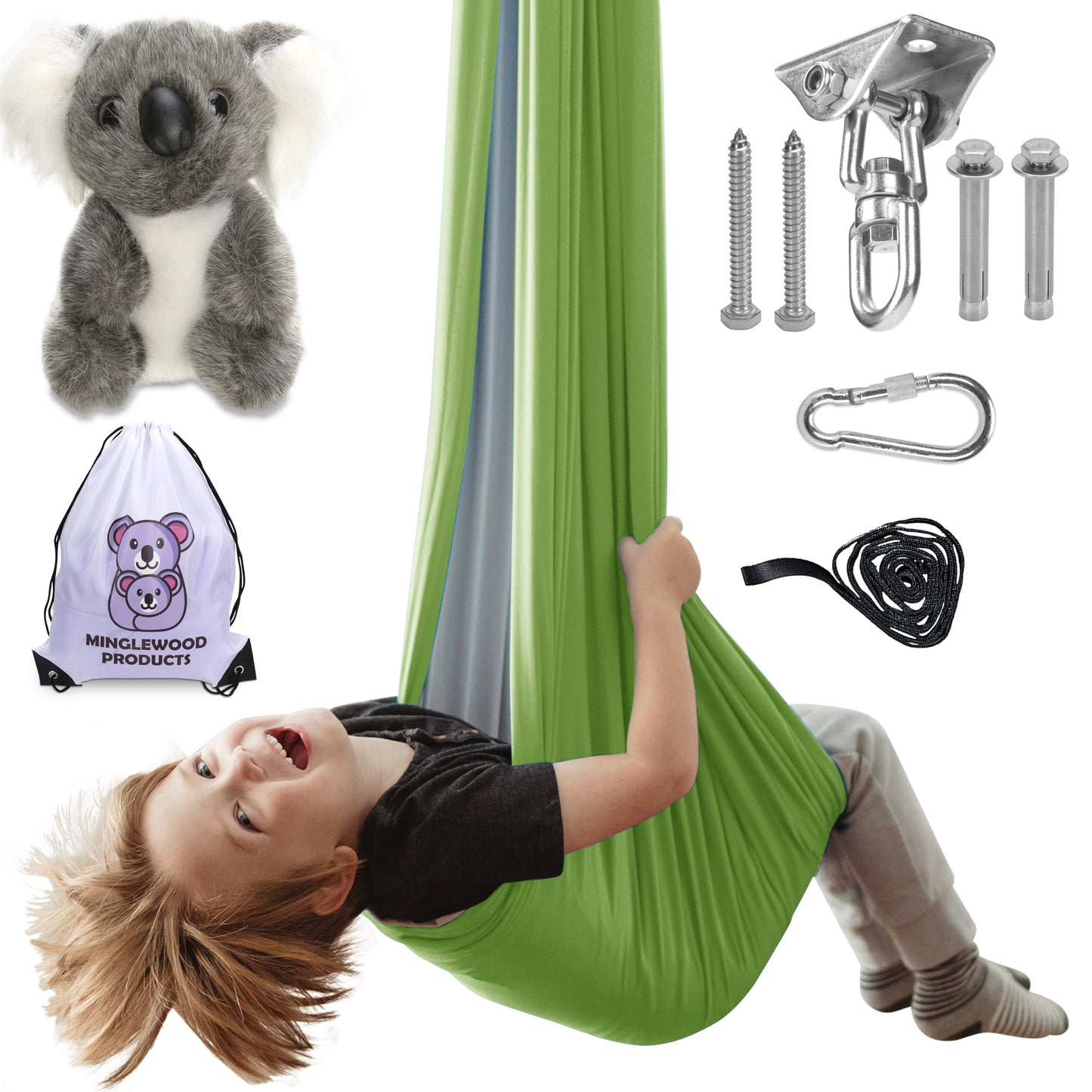 MINGLEWOOD Sensory Swing Bundle – 360° Swivel Hanger – Complete Set for Children – Special Needs: Anxiety, ADHD, Autism & Sensory Disorders