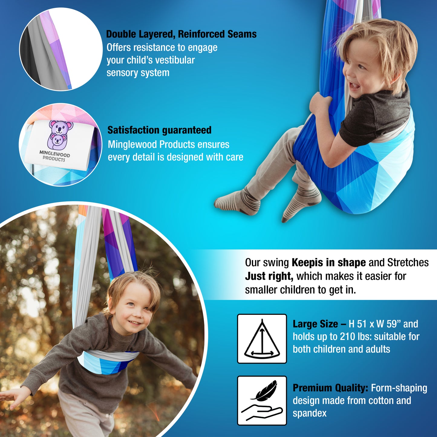 MINGLEWOOD Sensory Swing Bundle – 360° Swivel Hanger – Complete Set for Children – Special Needs: Anxiety, ADHD, Autism & Sensory Disorders
