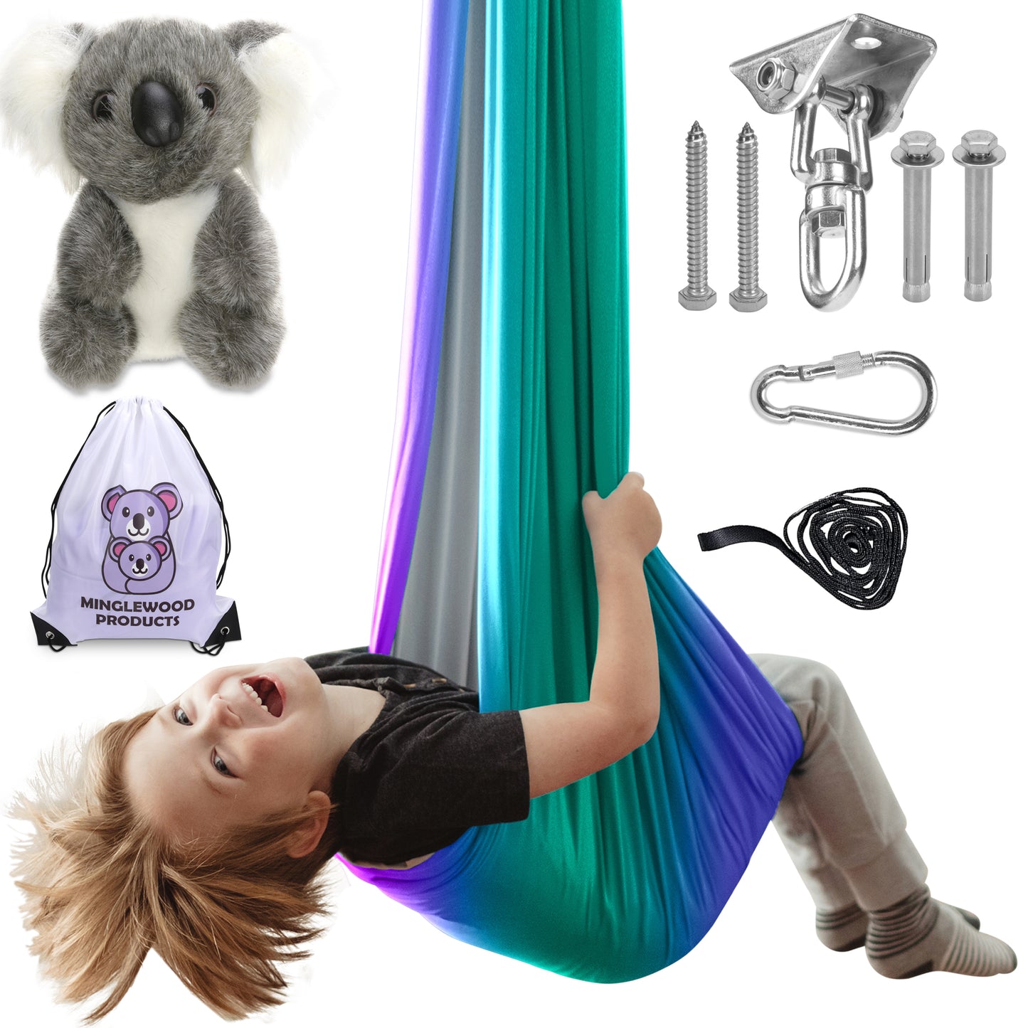 MINGLEWOOD Sensory Swing Bundle – 360° Swivel Hanger – Complete Set for Children – Special Needs: Anxiety, ADHD, Autism & Sensory Disorders