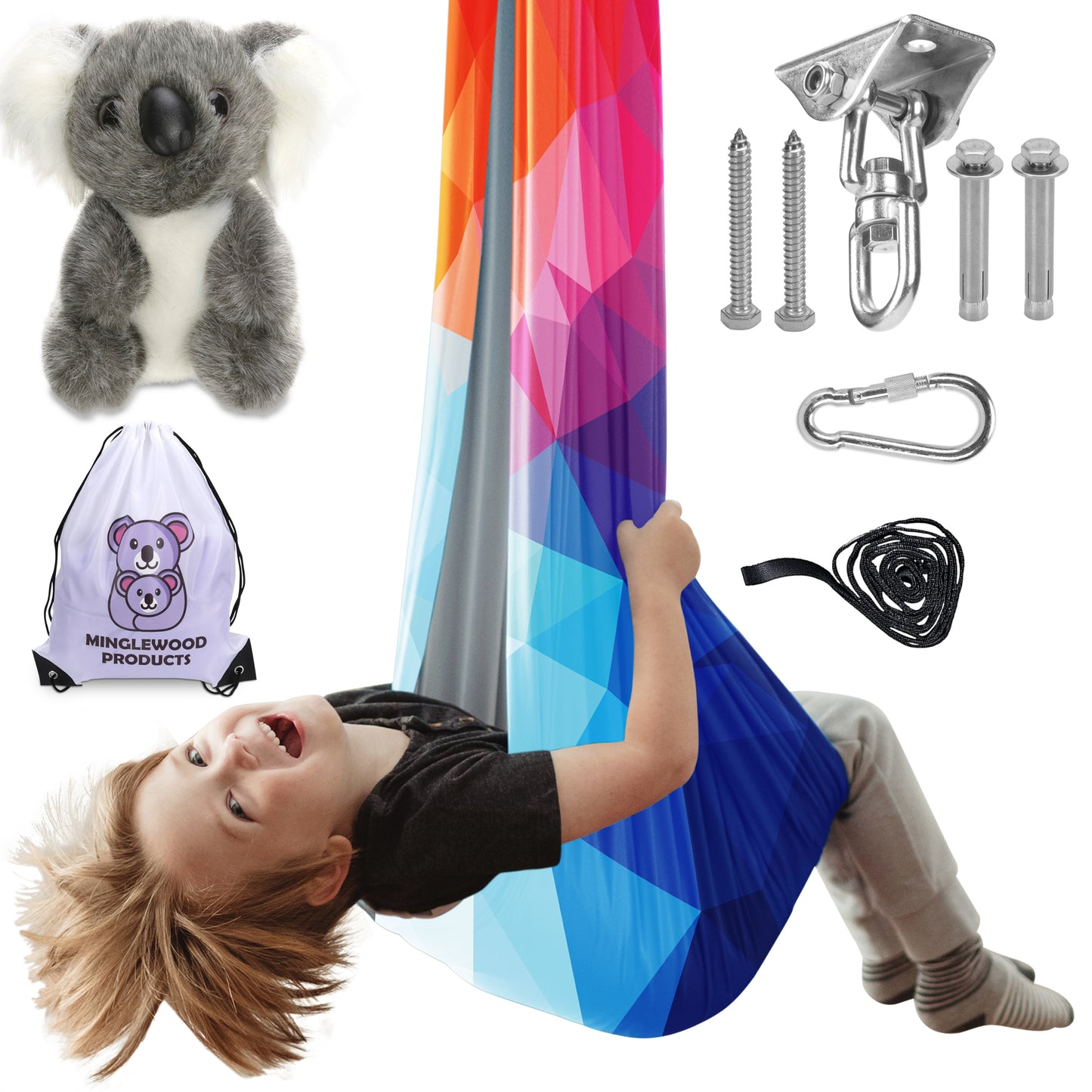 MINGLEWOOD Sensory Swing Bundle – 360° Swivel Hanger – Complete Set for Children – Special Needs: Anxiety, ADHD, Autism & Sensory Disorders